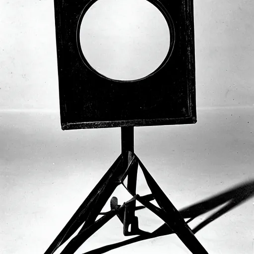 Prompt: a single readymade named LHOOQ by Marcel Duchamp, banal object on a pedestal, historical archive, wide angle studio shoot, 1913