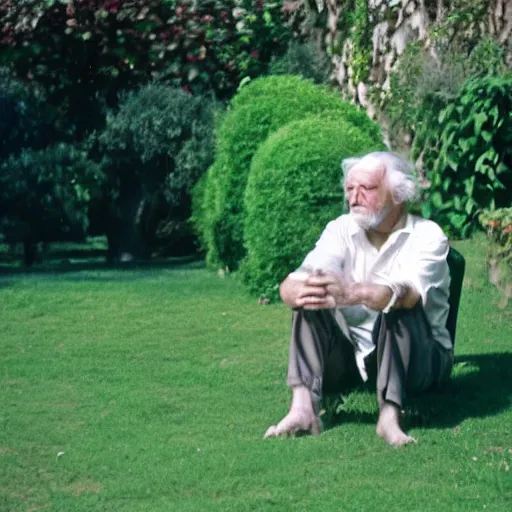 Image similar to long white hair old man with green shirt and white short, sitting in ile de re house garden, film still of plein soleil ( 1 9 6 0 )