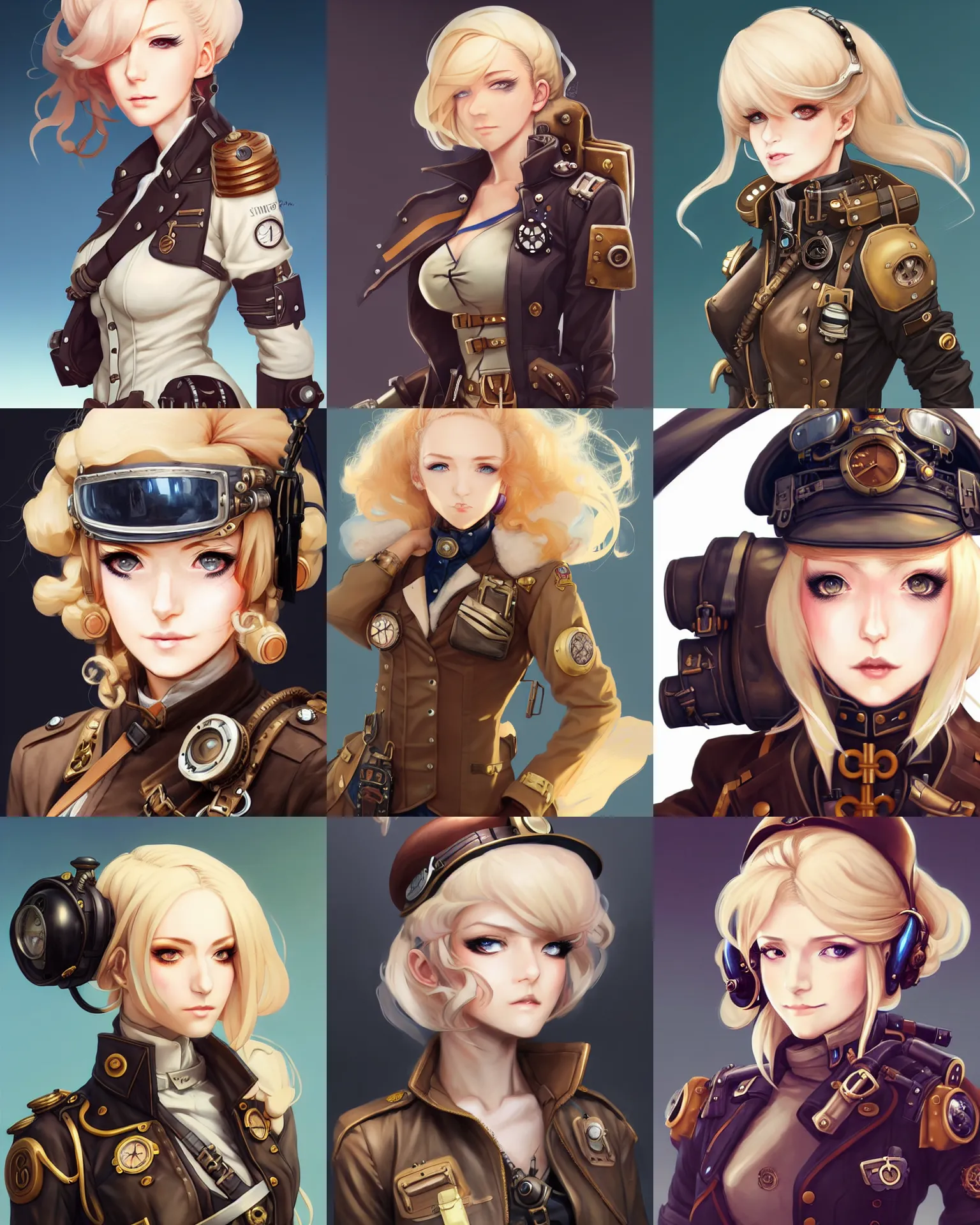 Prompt: character concept art of a steampunk woman bomber pilot | | blonde, anime, close up, cute - fine - face, pretty face, realistic shaded perfect face, fine details by stanley artgerm lau, wlop, rossdraws, james jean, andrei riabovitchev, marc simonetti, and sakimichan, trending on artstation