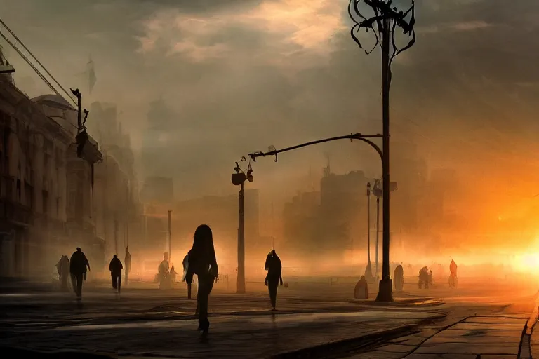 Image similar to artstation, concept art, dramatic lighting, bucharest, sunset, mist, people on the streets, rule of thirds, composition, atmospheric