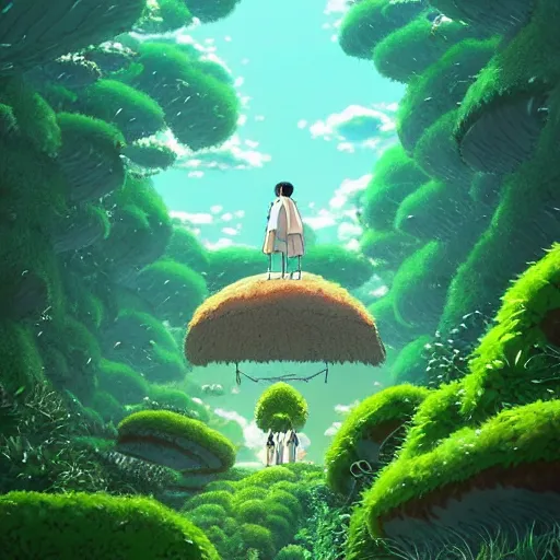 Prompt: a beautiful movie still in the style of Studio Ghibli anime showing a giant alien creature flying through a post-apocalyptic Singapore overrun with vegetation. Studio Ghibli, trending on artstation, trending on behance