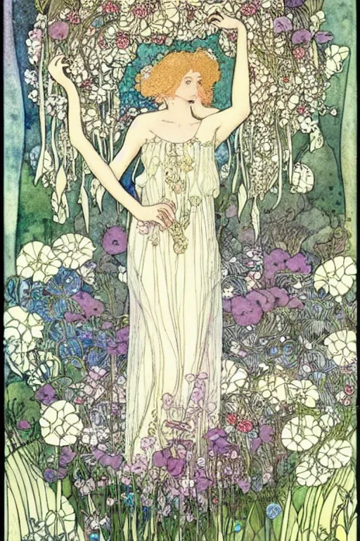 Prompt: realistic portrait of a beautiful fairy princess surrounded by a frame of flowers, detailed art by kay nielsen and walter crane, illustration style, watercolor