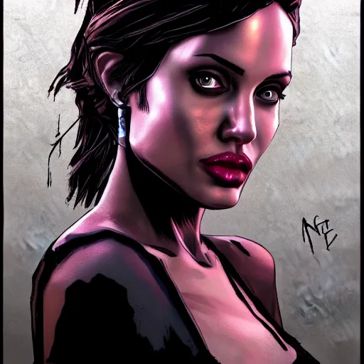 Prompt: angelina jolie portrait, borderlands, tales from the borderlands, the wolf among us, comic, cinematic lighting, studio quality, 8 k