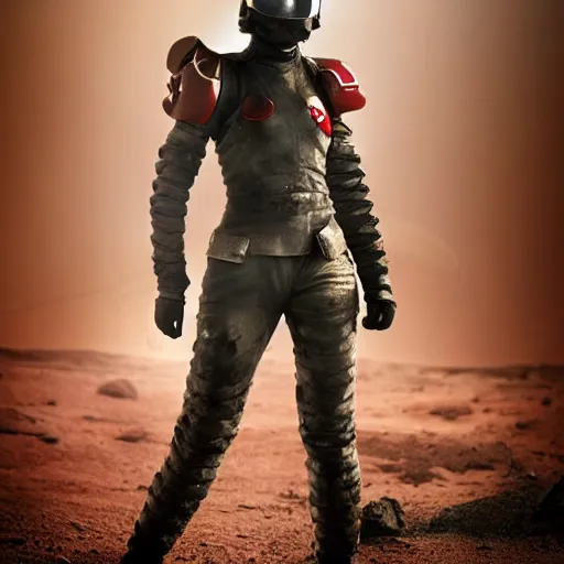 Image similar to a young female soldier with soot marks on her face, elegant, no makeup, in glossy sleek white bloodstained dinged scuffed armor , long torn red cape, heroic posture, determined expression, no helmet, on the surface of mars, dramatic lighting, cinematic, sci-fi, hyperrealistic, detailed