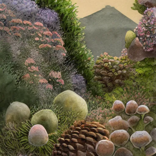 Image similar to delicate coastline mountain garden on paper, stony, puffy, botanical herbarium, botanic watercolors, iridescent, 8 k wide angle, realistic shaded, fine details, artstation, italian, colonnade, oak tree, pinecone, pomegranade, hydrangea, vines, gardena architecture, pompeian