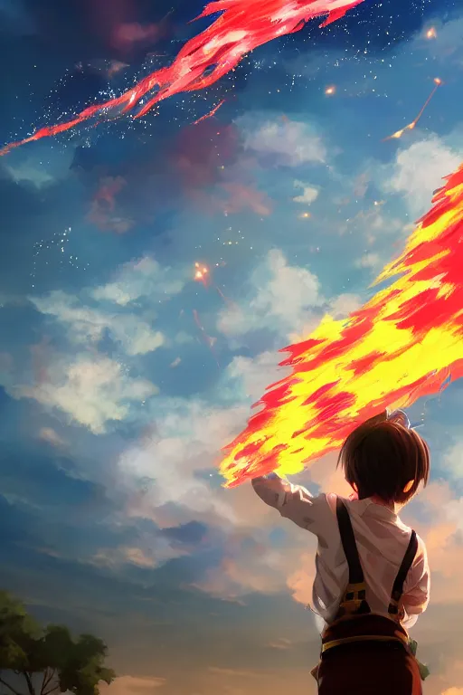 Image similar to anime young boy wearing suspenders pointing at the sky with fire particles around him, energetic pose, wlop, concept art, digital painting, trending on artstation, highly detailed, epic composition, 8 k uhd