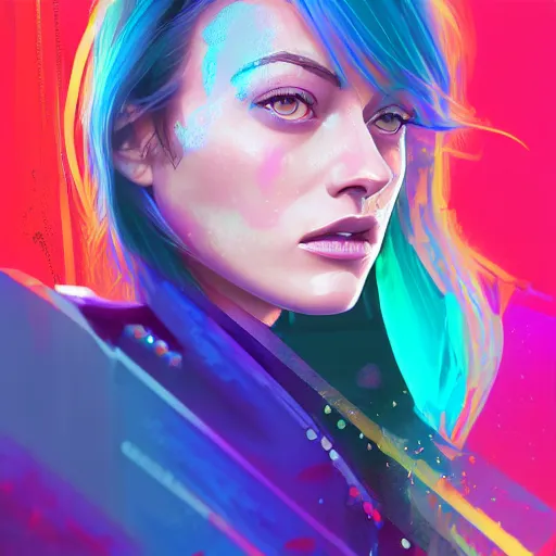 Prompt: a digital painting of olivia wilde in the rain with blue hair, cute - fine - face, pretty face, cyberpunk art by sim sa - jeong, cgsociety, synchromism, detailed painting, glowing neon, digital illustration, perfect face, extremely fine details, realistic shaded lighting, dynamic colorful background