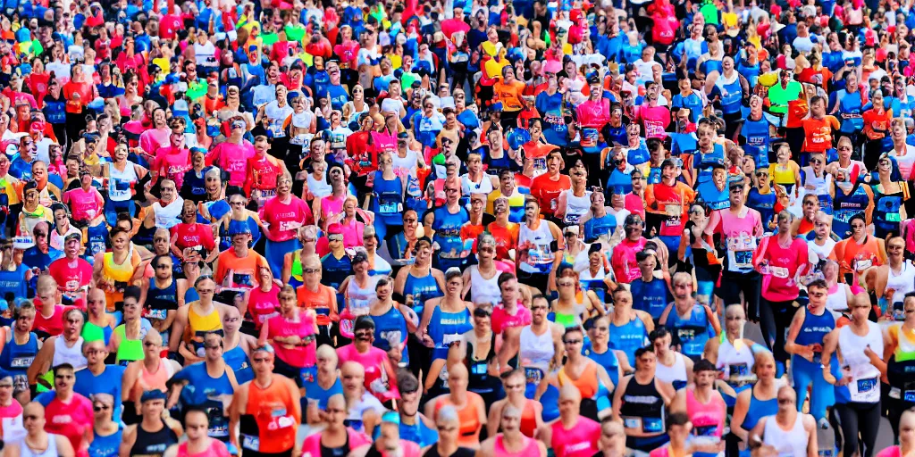 Image similar to detailed photo of marathon runners in a long row, frontal, studio background, studio lighting, fashion shoot, detailed, diverse crowd, new balance colours