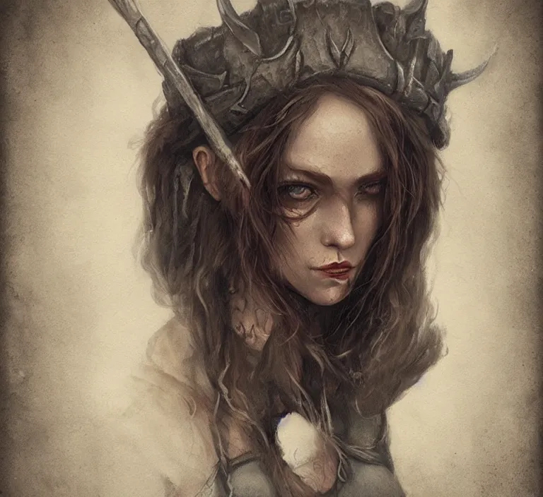 Image similar to a rugged female viking in the style of tom bagshaw