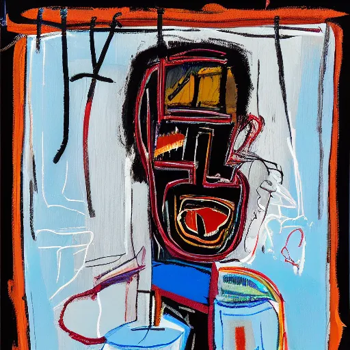 Prompt: Happy Morning. Sunlight is pouring through the window lighting the face of a sleepy young man drinking a cup of coffee. A new day has dawned bringing with it new hopes and aspirations. Detailed and intricate strokes and lines. Painting by Basquiat, 2029