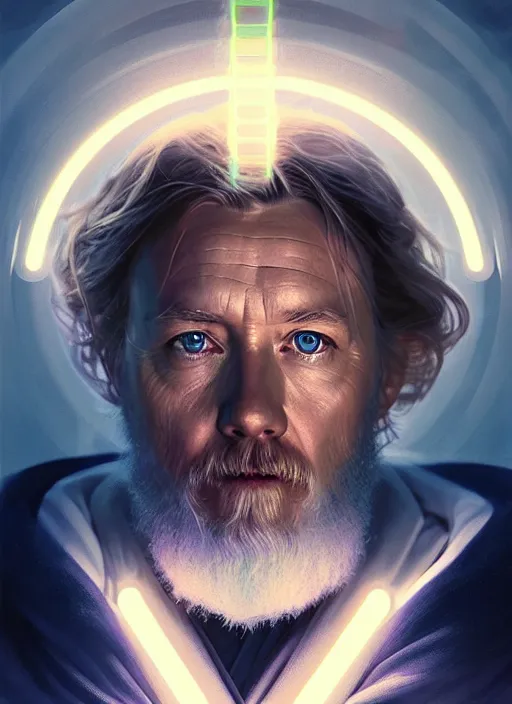 Image similar to symmetry!! portrait of obi - wan kenobi ( look like ( ( albert einstein ) ),, sci - fi, tech wear, glowing lights!! intricate, elegant, highly detailed, digital painting, artstation, concept art, smooth, sharp focus, illustration, art by artgerm and greg rutkowski and alphonse mucha