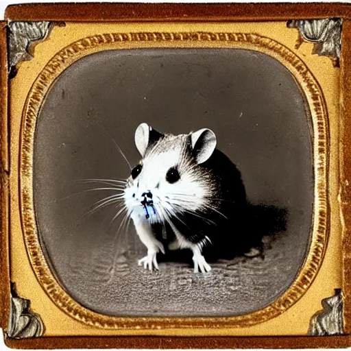 Prompt: portrait of a small pet hamster!!!!!!!!!!! dressed in a tiny confederate army outfit, mathew brady photo