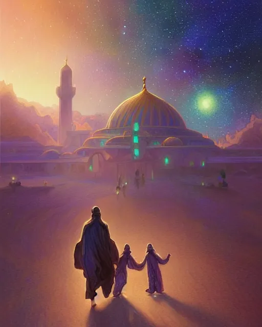 Image similar to bedouin man and woman and child in galaxy walking towards mosque surrounded by nebula, highly detailed, gold filigree, romantic storybook fantasy, soft cinematic lighting, award, disney concept art watercolor illustration by mandy jurgens and alphonse mucha and alena aenami, pastel color palette, featured on artstation