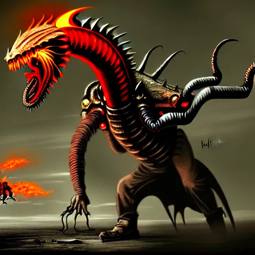 Image similar to the headcrab from Half-Life 2 controlling a medieval dragon, fantasy art, digital art, matte painting