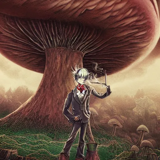 Image similar to a centered chest up portrait of a psychedelic demonic anthropomorphic windigo smoking a hand - rolled cigarette smoking heavily, magic mushroom village in background. award winning. superb resolution. in the art style of junji ito and greg rutkowski. detailed mushroom city in background. hyper realistic anime. perfect art. dalle 2