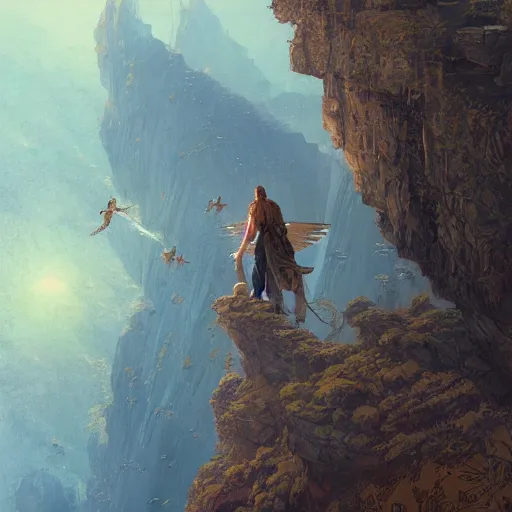 Image similar to angel protecting man falling from a cliff, detailed intricate ink illustration, happy atmosphere, detailed illustration, hd, 4k, digital art, overdetailed art, by greg rutkowski, by loish, complementing colors, Trending on artstation, movie poster style