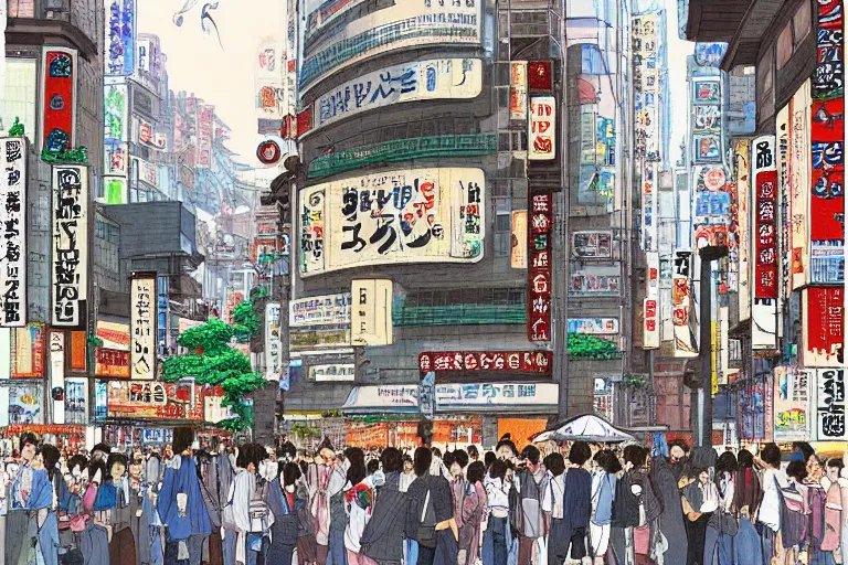 Image similar to Shibuya with traditional Japanese architecture, scene from a Studio Ghibli film, digital painting, concept art by Hayao Miyazaki