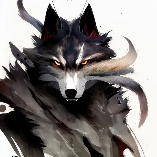 Image similar to concept art of night themed wolf fullbody, highly detailed painting by dustin nguyen, akihiko yoshida, greg tocchini, 4 k, trending on artstation, 8 k