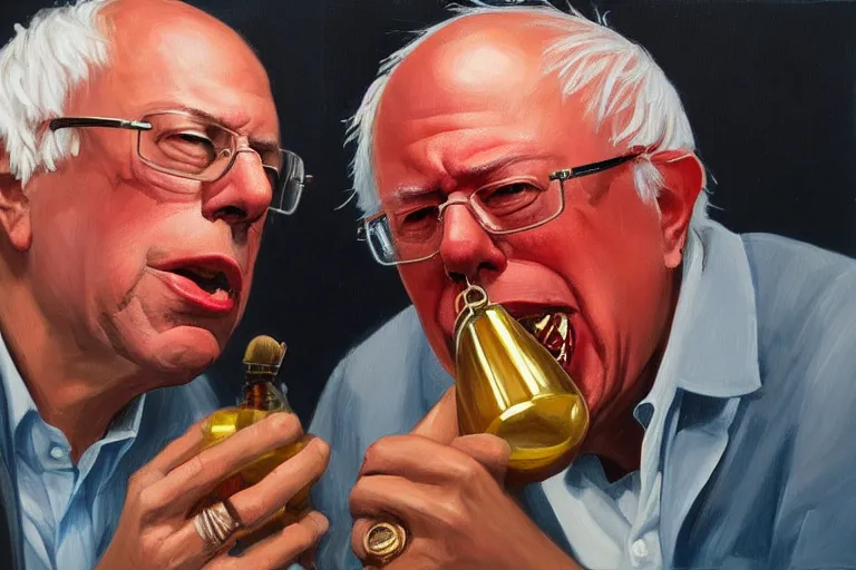 Prompt: Bernie Sanders as rap gold chains and gold teeth, drinking cough syrup, oil on canvas, artstation, portrait, masterpiece, aesthetic