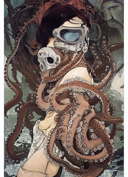 Prompt: a girl wearing octopus gas mask, poster by james jean, greg rutkowski, giger, alphonse mucha, andrew wyeth