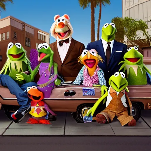 Image similar to the muppets as grand theft auto characters, 4k, high detail, high-resolution photograph