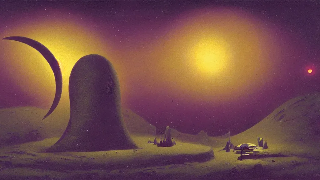 Image similar to mysterious whimsical sculpture of an alien crescent moon by paul lehr and john schoenherr, cinematic matte painting