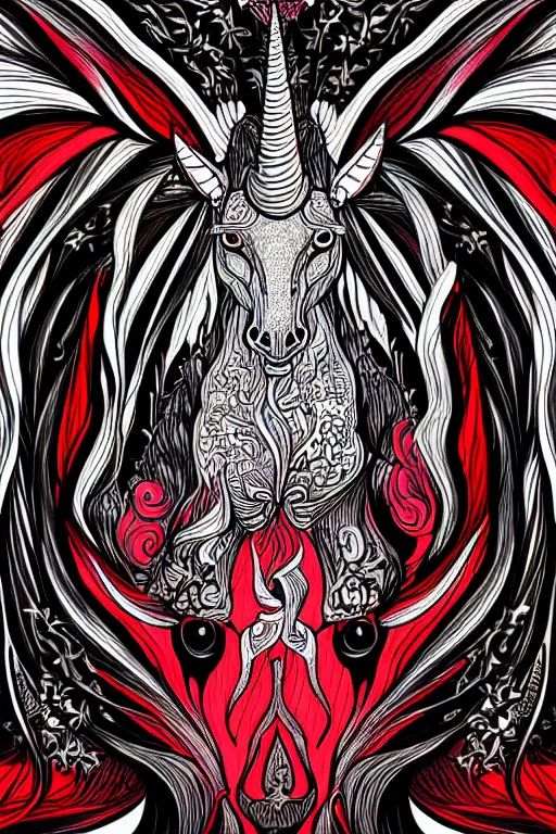 Image similar to satanic unicorn, symmetrical, highly detailed, digital art, sharp focus, trending on art station, red and black