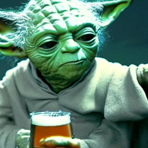 Prompt: film still of yoda drinking beer in a bar in the new star wars movie 4 k
