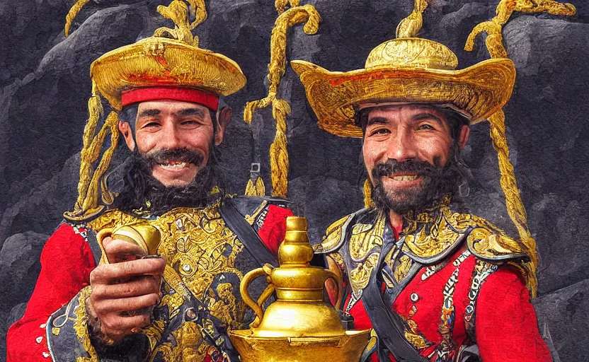 Image similar to smiling spanish conquer soldier holding golden cup on a inca temple, highly detailed, digital painting