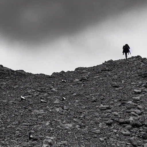 Prompt: one person with backpack hiking on mount doom, seagulls surrounding the mountain