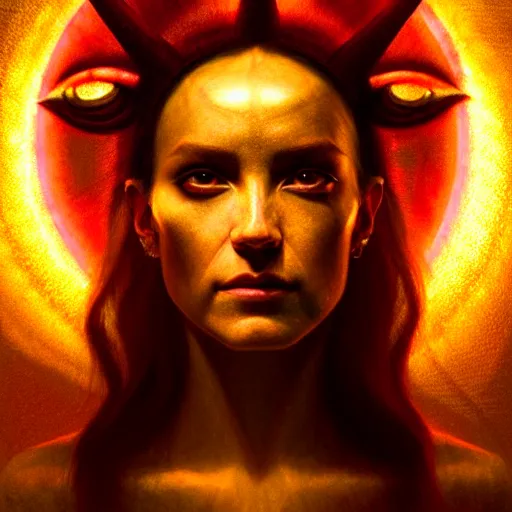 Prompt: portrait of a illuminati goddess, face with the third eye, third eye on her forehead, atmospheric lighting, painted, intricate, volumetric lighting, beautiful, rich deep colours masterpiece, golden hour, sharp focus, ultra detailed, by Leesha Hannigan, Ross Tran, Thierry Doizon, Kai Carpenter, Ignacio Fernández Ríos