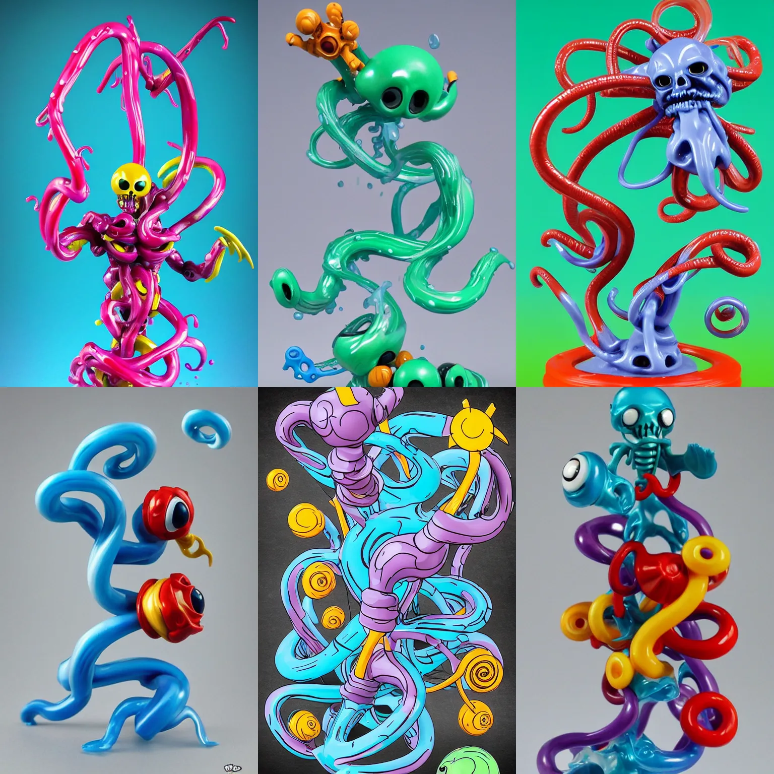Prompt: swirly tubes tentacles anatomy, splash, transformer robots (2005), superhero, cute, happy, sharp, funny, fun, screaming, laughing, drooling, elegant, simplistic splashy glossy melted skeleton skeletor action figure heman, drops, drips, beautiful cute, cute melting miniature resine action figure, 3d fractals, pictoplasma, tintoy swampmonster robot mechabot detailed wrinkled face Figure sculpture, goggle eyes, 3d primitives, in a Studio hollow, by pixar, by chris mars, by jason edmiston, cgsociety, zbrush, artstation, by greg rutkowski, by craig mullins, by haeckel