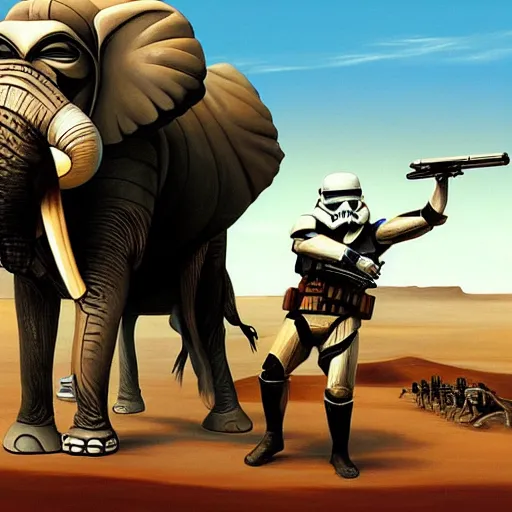 Image similar to painting of sormtrooper riding an elephant on the background of mos eisley on tatooine, intricate, high detail