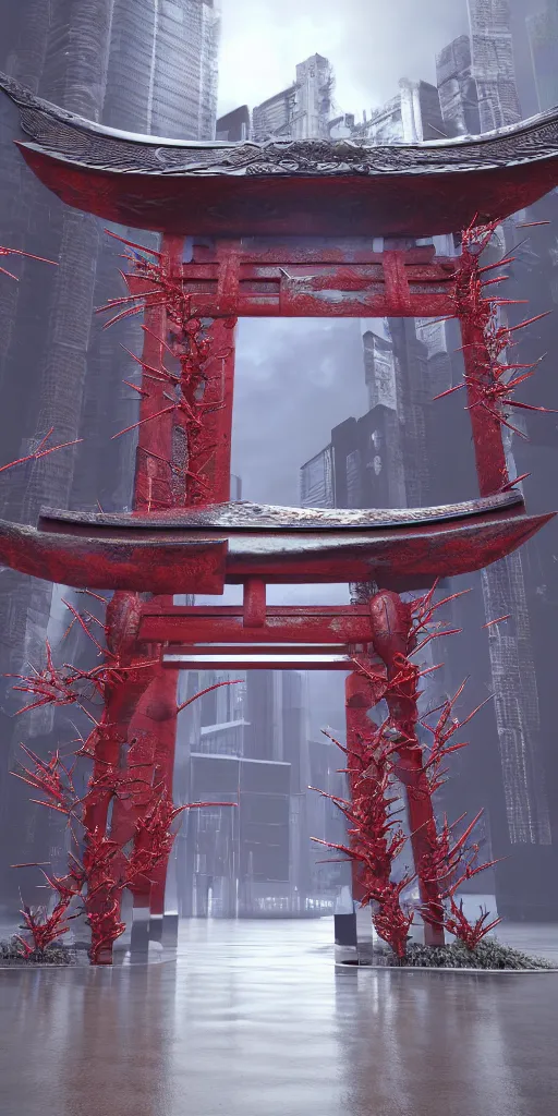 Prompt: 3 d render of a torii gate sculpture made of chrome, chrometype, made of liquid metal, fractal neotribal with thorns and thunders, cyberpunk japanese temple, raytraced, hyper realistic, volumetric lightning, 8 k, by zhelong xu, ouchh and and innate studio