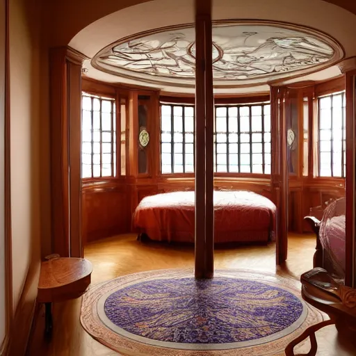 Prompt: a art nouveau bedroom with a circular window and wall with warms tones, highly detailed, photo, wood columns