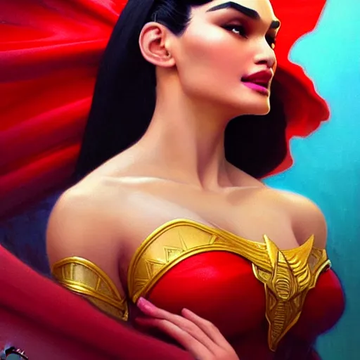 Prompt: pia wurtzbach as darna, volumetric lights, red and cyan theme, art nouveau botanicals, intricate, highly detailed, digital painting, artstation, concept art, smooth, sharp focus, cinematic, illustration, beautiful face, art by artgerm and greg rutkowski and alphonse mucha