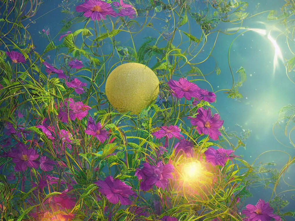 Image similar to sunlight study, the universe is a spheroid region 7 0 5 meters in diameter of kauai wildflower undergrowth, art nouveau, by hans zatzka and ( ( ( ( ( lisa frank ) ) ) ) ), 8 k, sharp focus, octane render