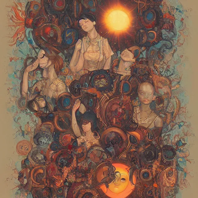 Image similar to a painting of the mothers of the sun by james jean, dark fantasy art, high detail, trending on artstation