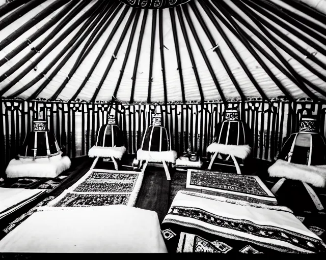 Image similar to tsar nikolai ii seats in yurt with kyrgyz people, black and white photo