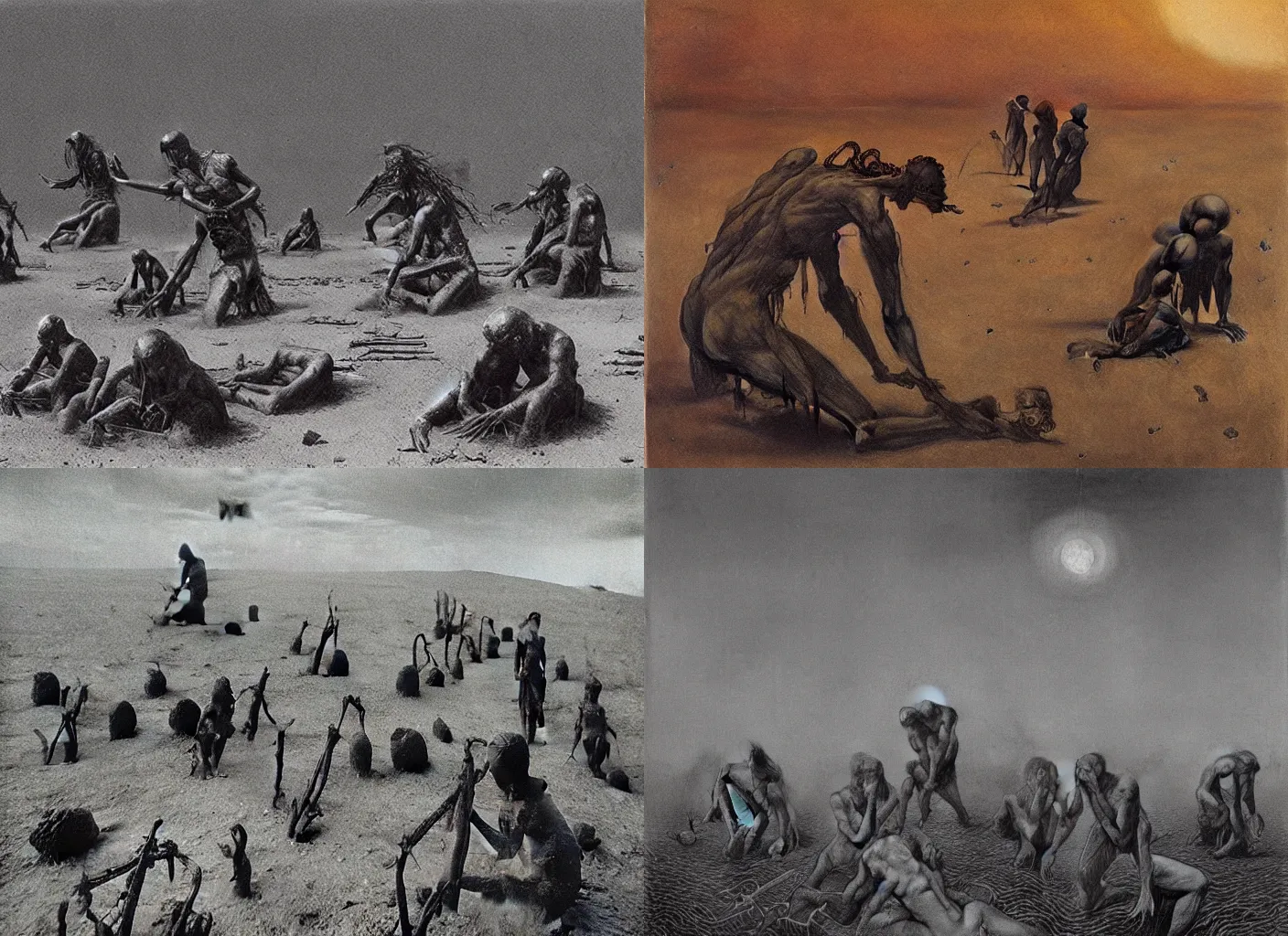 Prompt: souls of the damned toiling away on barren land, artwork by Zdzisław Beksiński