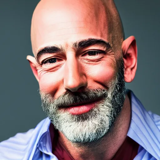 Prompt: a bearded hairy man with the face of Jeff Bezos