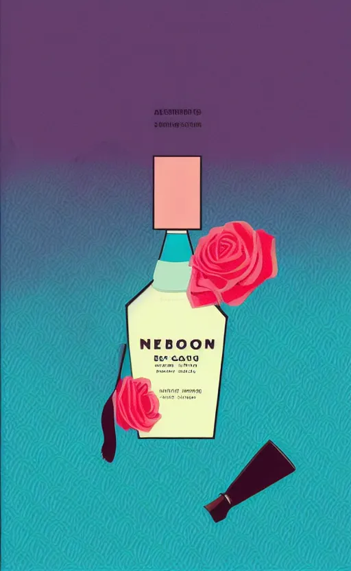 Image similar to illustration, close - up photo with beautiful bottle of perfume near nose, sniffing the aroma, an art deco painting by tom whalen, trending on behance, art deco, digital illustration, storybook illustration, grainy texture, flat shading, vector art, airbrush, pastel, watercolor, poster