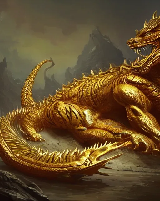 Image similar to A golden dragon resting, tiger skin, highly detailed, fantasy art, monster art, in the style of greg rutkowski, illustration, epic, fantasy, intricate, hyper detailed, artstation, concept art, smooth, sharp focus, ray tracing