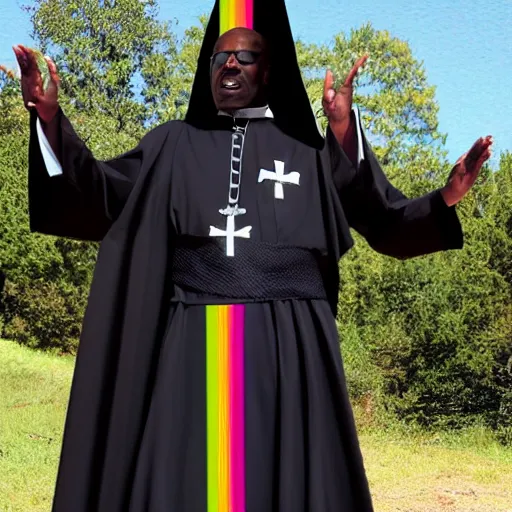 Image similar to black pope in a lgbt robe performing a nazi salute, colorized