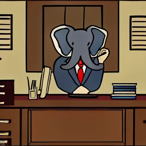 Image similar to an elephant as a secretary in 50's office, digital art