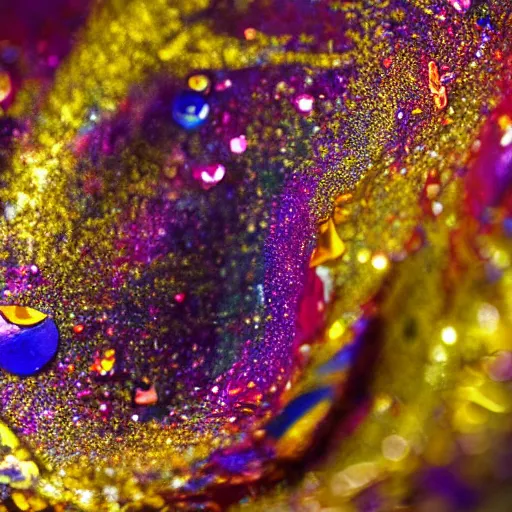 Image similar to a wet swirling mixture of gold paint and very colorful colored pigment particles glitter suspended in a turbulent liquid, captured in slow motion, crystal clear focus, macro photography lens closeup, slow-motion pour, dumpedpaint glittery, shimmering, speculars