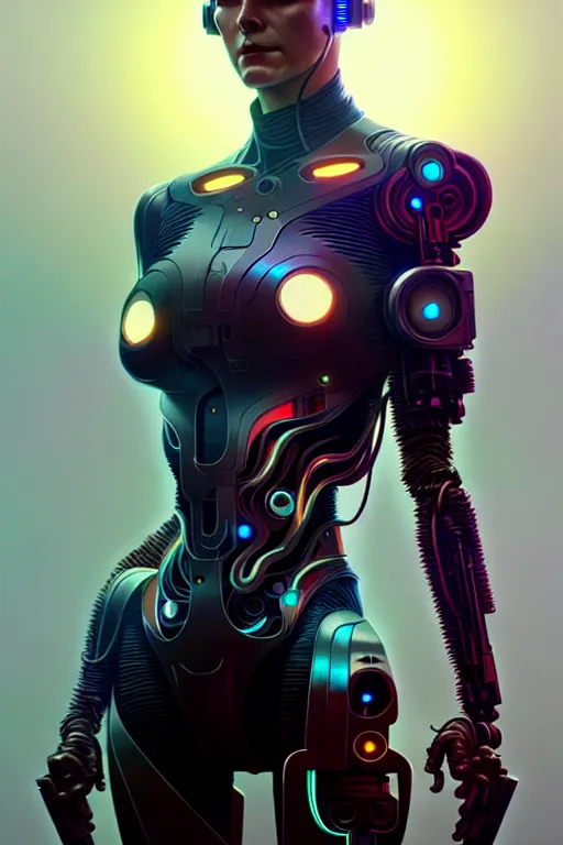 Image similar to ultra realistic, beautiful cyborg woman, sci-fi, fantasy, cyberpunk, intricate, elegant, highly detailed, digital painting, octane render, artstation, concept art, smooth, sharp focus, illustration, art by vincent di fate and michael welan and greg rutkowski and alphonse mucha