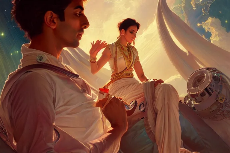 Image similar to Sensual good looking pale young Indian doctors wearing jeans in a space station above Earth, portrait, elegant, intricate, digital painting, artstation, concept art, smooth, sharp focus, illustration, art by artgerm and greg rutkowski and alphonse mucha