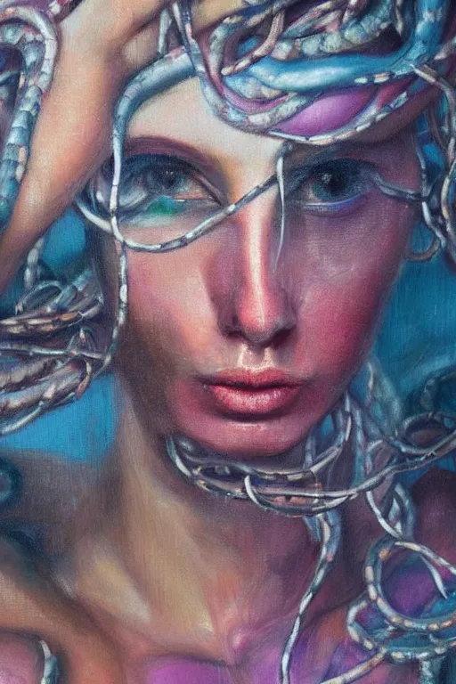 Image similar to hyperrealism oil painting, close - up portrait of face from a tangle of snakes fashion model, knight, street art gradient mixed with nebula sky, in style of baroque
