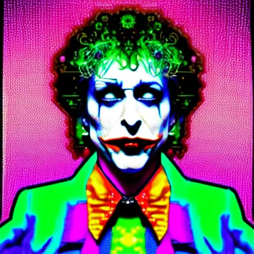 Prompt: baroque bedazzled gothic bedazzled futuristic frames surrounding a pixelsort highly detailed portrait of a colorful maximalist maximalism deocra bob dylan as the joker, a hologram by penny patricia poppycock, pixabay contest winner, holography, irridescent, photo - illustration, maximalist vaporwave